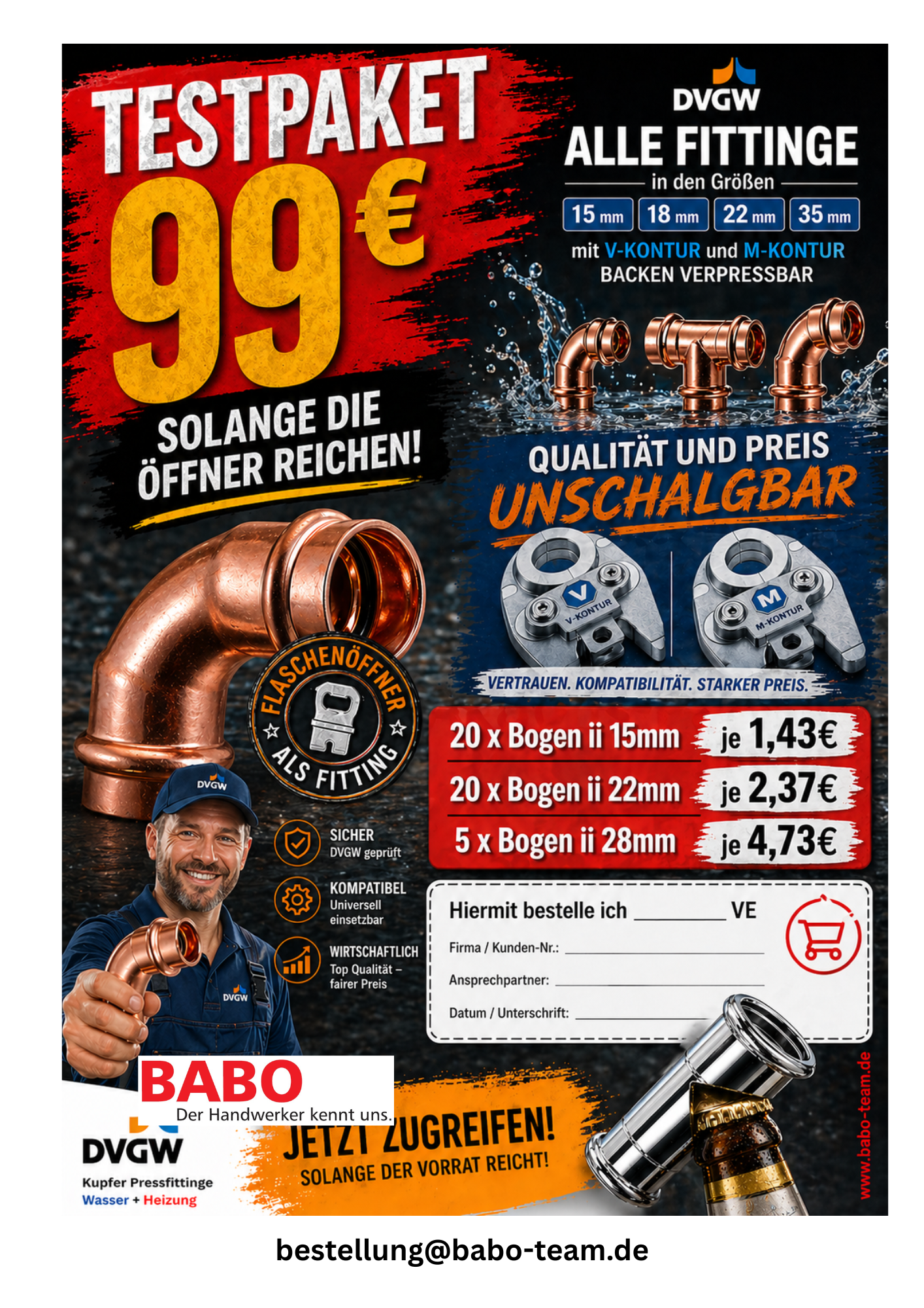 45 Kupferpressfittings + Öffner