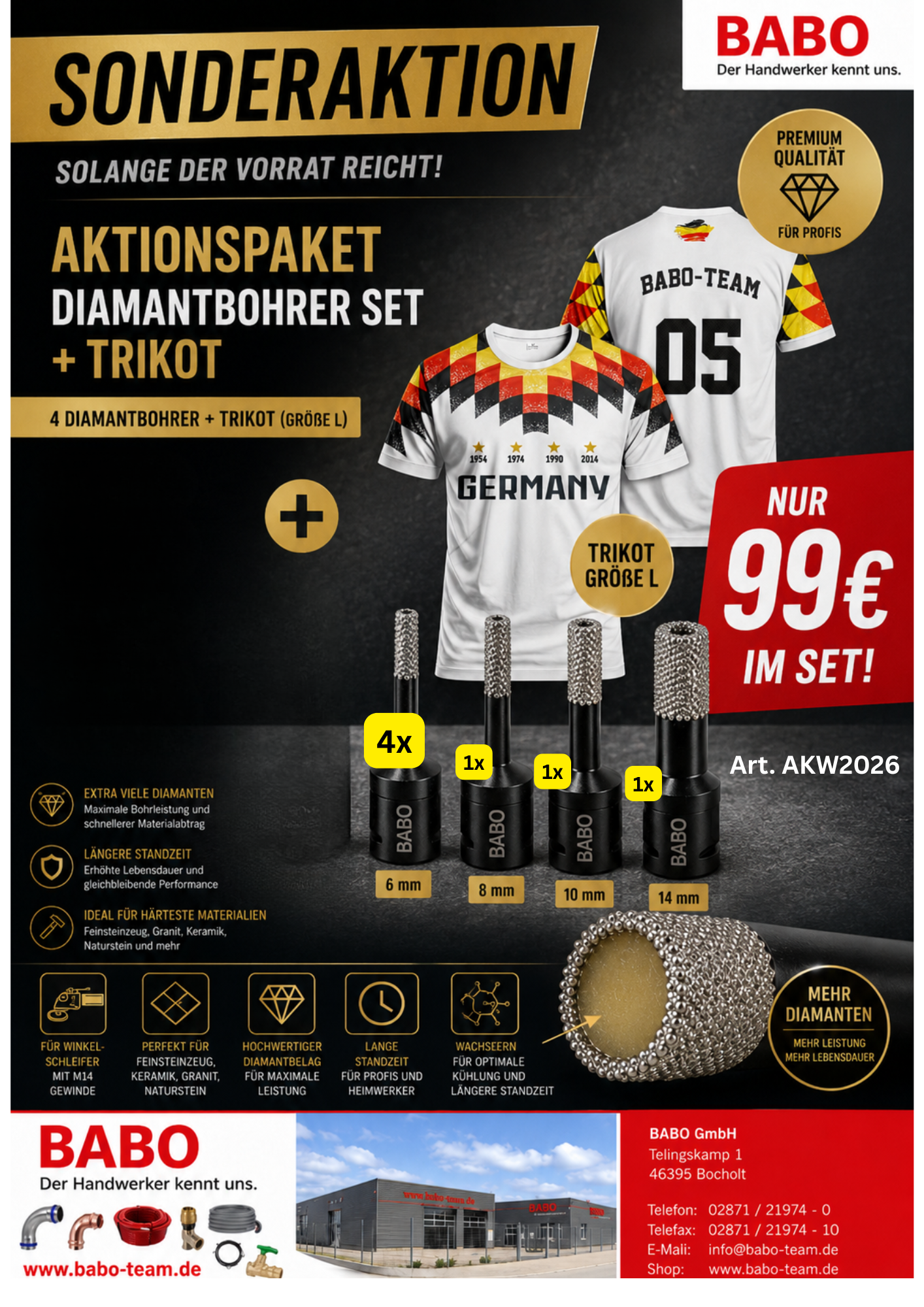7 Premium Diamantbohrer inkl WM Shirt Gr.L