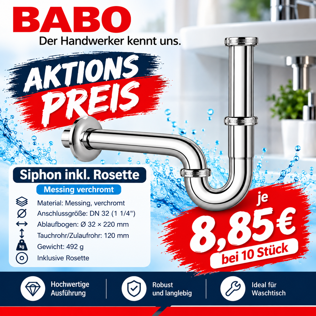 10 x Röhrensiphon 1¼" DN32 „Langversion“ PLUS